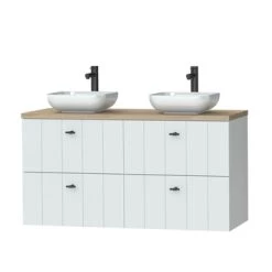 Tiger Maryport Badkamermeubelset 120 Cm Mat Wit Met Licht Eiken Houten Wasblad, Keramische Opzetkom En Matzwarte Grepen