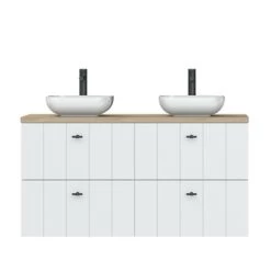 Tiger Maryport Badkamermeubelset 120 Cm Mat Wit Met Licht Eiken Houten Wasblad, Keramische Opzetkom En Matzwarte Grepen -Badkamer Winkel 123 264