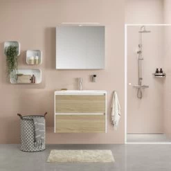 Tiger Reverse Meubelset 80 Cm Met 2 Lades Naturel Eik / Mat Wit Inclusief Oval Wastafel Hoogglans Wit -Badkamer Winkel 123 278